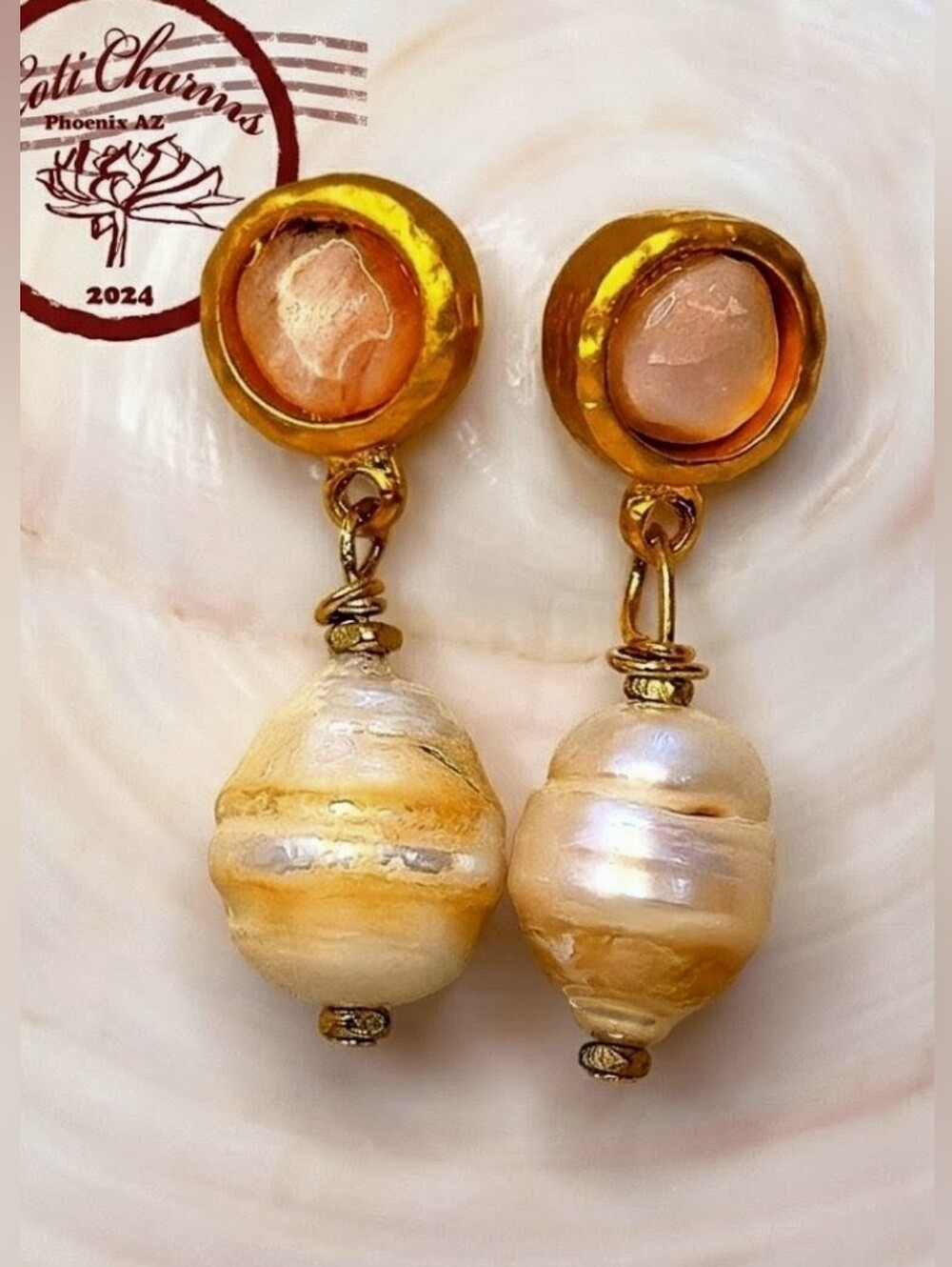 Pink Opal In Hammered Brushed 18k Gold Bezel & White Baroque Pearl Earrings